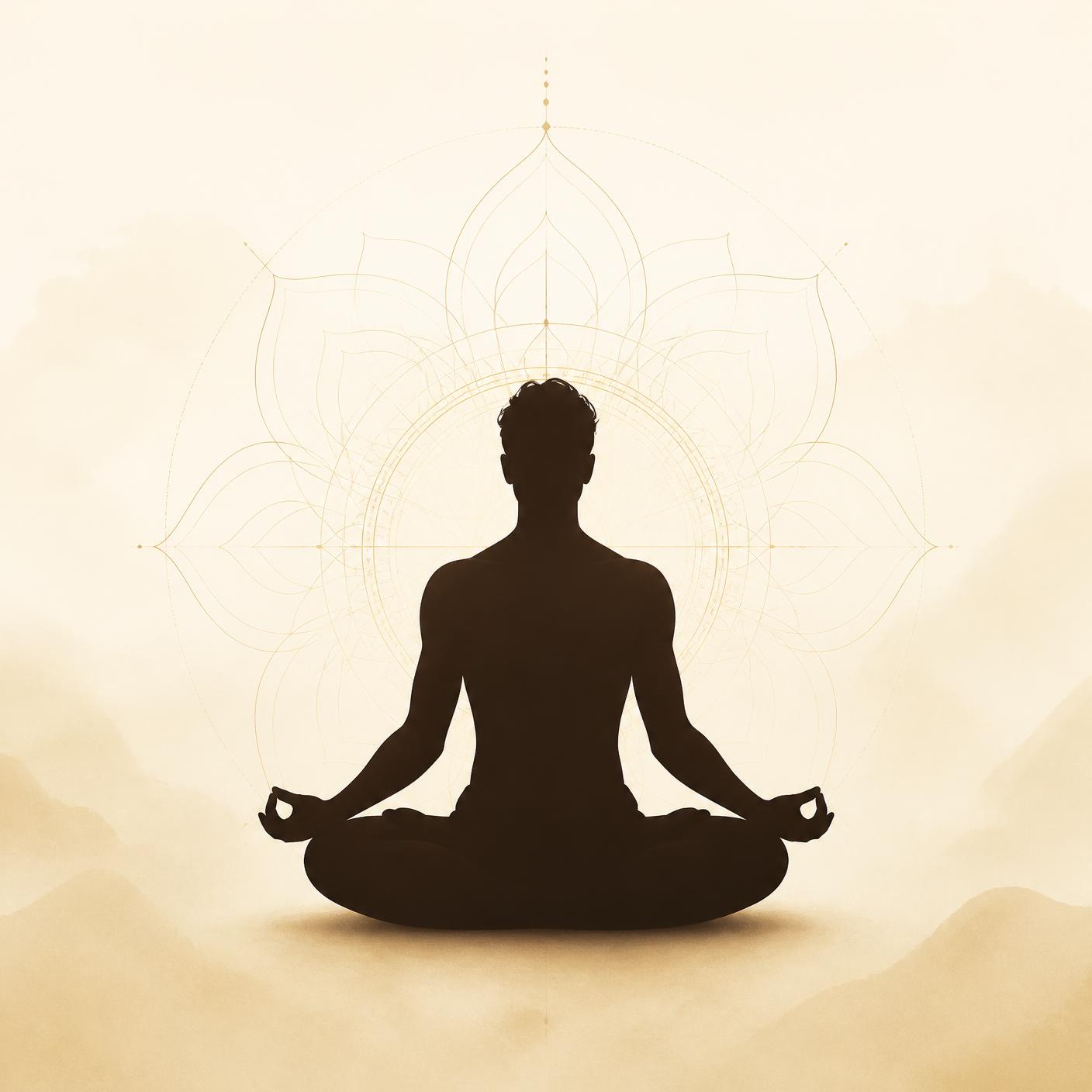 ध्यान मुद्रा में बैठे योगी की छवि, पृष्ठभूमि में सूक्ष्म स्वर्ण मंडल